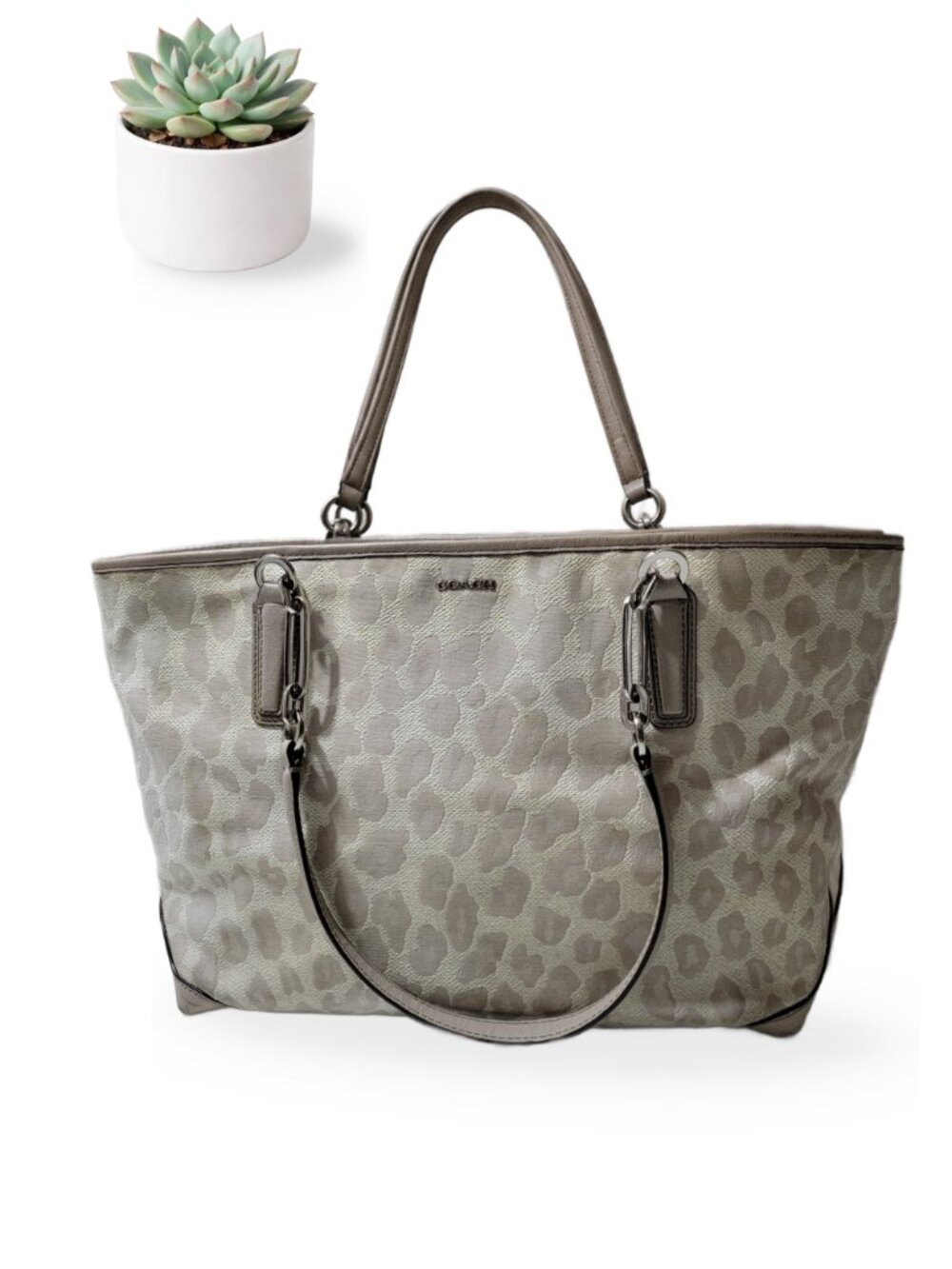 Coach Signature Ocelot Print Tote Bag Cream Leather Trim Pink Lining Large